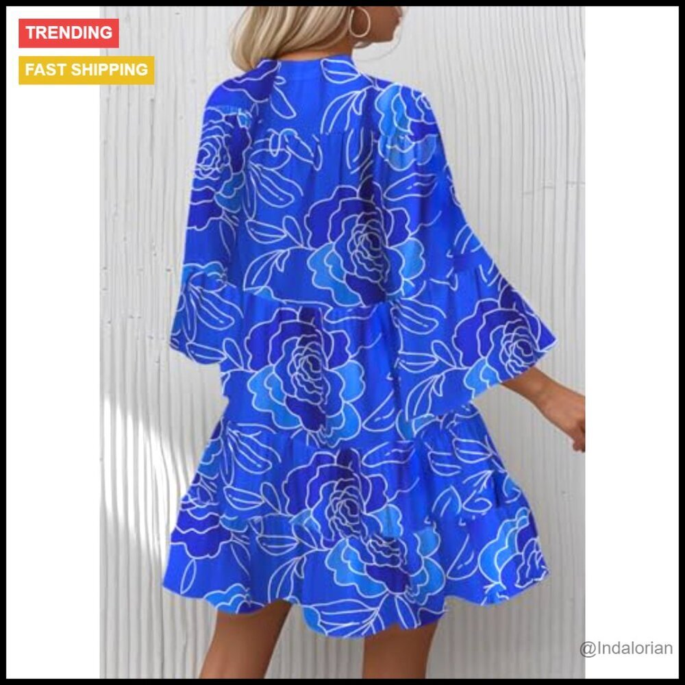 Flowy Ruffle Tiered Babydoll Boho Mini Dress 3/4 Sleeve V Neck Casual - Picture 2 of 4